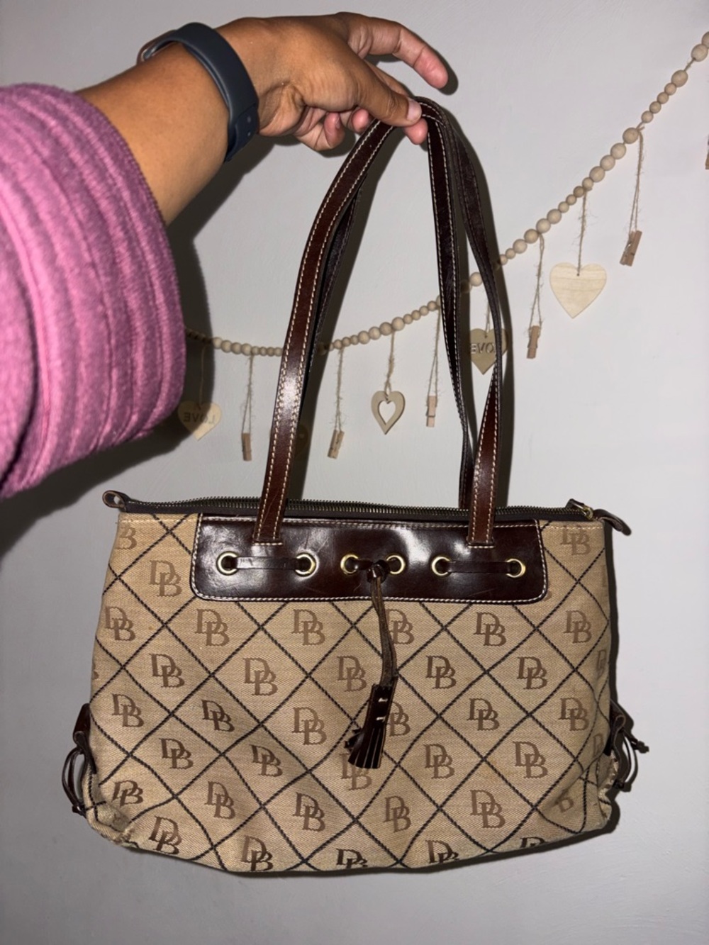 VTG Dooney & Bourke Brown and Tan Signature Shoulder Bag